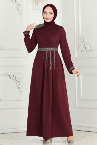 moda selvim Drape Taş Detaylı Abiye 2529SL432 Bordo - Thumbnail