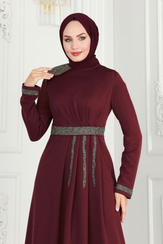 moda selvim Drape Taş Detaylı Abiye 2529SL432 Bordo - Thumbnail