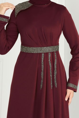 moda selvim Drape Taş Detaylı Abiye 2529SL432 Bordo - Thumbnail