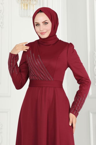 moda selvim Drape Taş Detaylı Abiye 273DVL817 Bordo - Thumbnail