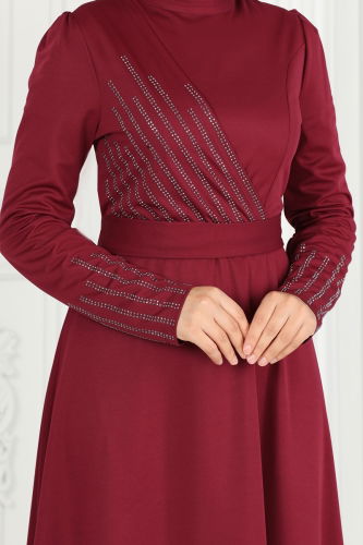 moda selvim Drape Taş Detaylı Abiye 273DVL817 Bordo - Thumbnail