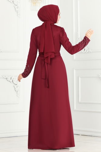 moda selvim Drape Taş Detaylı Abiye 273DVL817 Bordo - Thumbnail