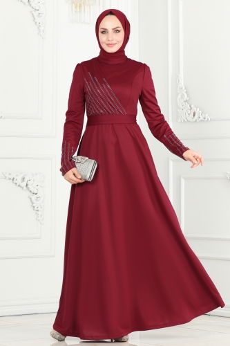 D.V.L. - Drape Taş Detaylı Abiye 273DVL817 Bordo