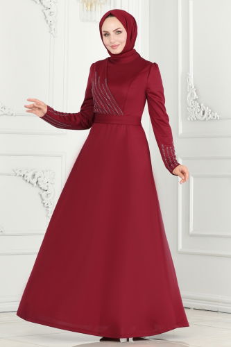 moda selvim Drape Taş Detaylı Abiye 273DVL817 Bordo - Thumbnail