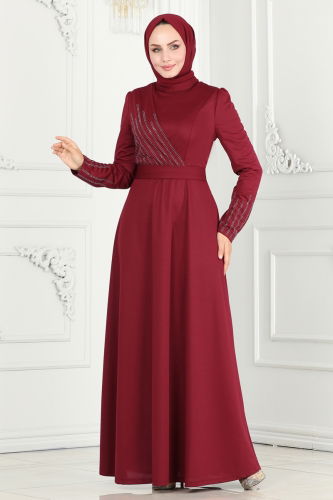 moda selvim Drape Taş Detaylı Abiye 273DVL817 Bordo - Thumbnail