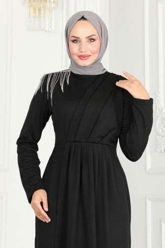 moda selvim Drape Taş Detaylı Abiye 3018KTR750 Siyah - Thumbnail