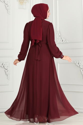 moda selvim Drape Taş Detaylı Abiye 6583YG95 Bordo - Thumbnail