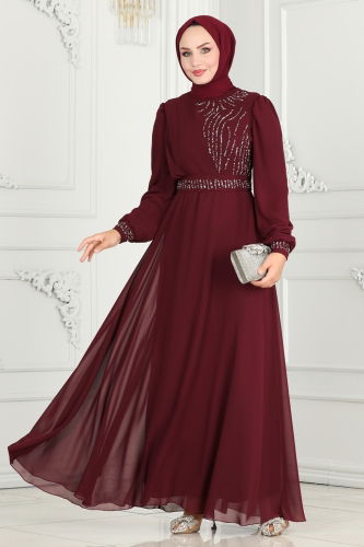 moda selvim Drape Taş Detaylı Abiye 6583YG95 Bordo - Thumbnail