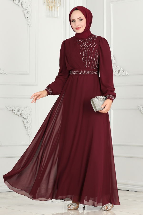 Drape Taş Detaylı Abiye 6583YG95 Bordo - 2