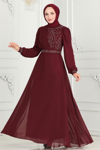 moda selvim Drape Taş Detaylı Abiye 6583YG95 Bordo - Thumbnail