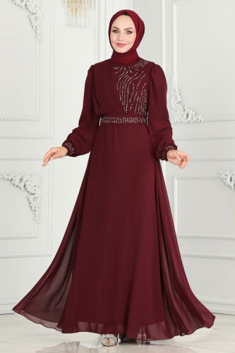 Y.G.S. - Drape Taş Detaylı Abiye 6583YG95 Bordo