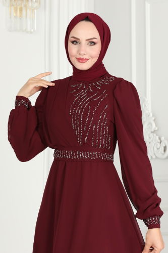 moda selvim Drape Taş Detaylı Abiye 6583YG95 Bordo - Thumbnail