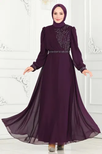 moda selvim Drape Taş Detaylı Abiye 6583YG95 Mor - Thumbnail