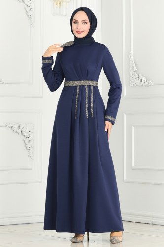 moda selvim Drape Taş Detaylı Abiye Elbise 2529SL432 Laci - Thumbnail