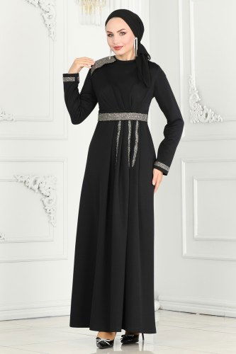 moda selvim Drape Taş Detaylı Abiye Elbise 2529SL432 Siyah - Thumbnail