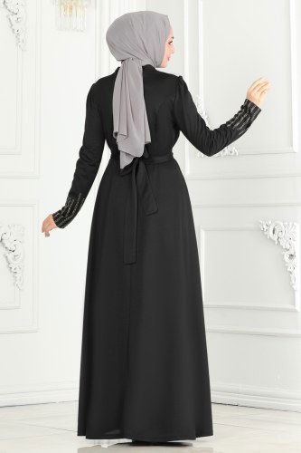 moda selvim Drape Taş Detaylı Abiye Elbise 273DVL817 Siyah - Thumbnail