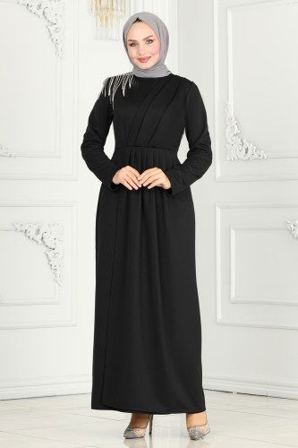 moda selvim Drape Taş Detaylı Abiye Elbise 3018KTR750 Siyah - Thumbnail