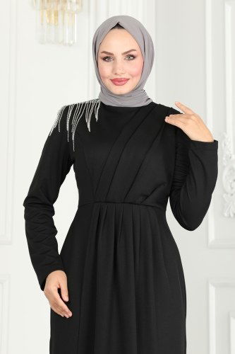 moda selvim Drape Taş Detaylı Abiye Elbise 3018KTR750 Siyah - Thumbnail