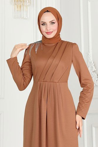 moda selvim Drape Taş Detaylı Abiye Elbise 3018KTR750 Taba - Thumbnail