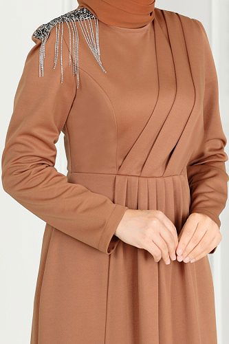 moda selvim Drape Taş Detaylı Abiye Elbise 3018KTR750 Taba - Thumbnail