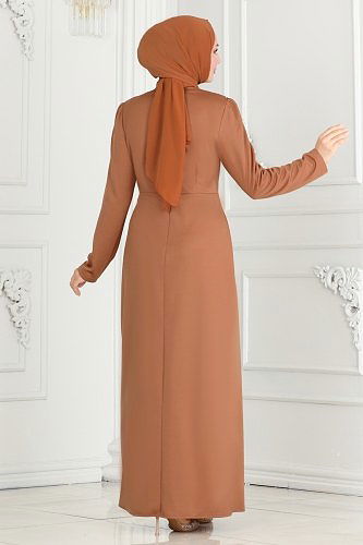 moda selvim Drape Taş Detaylı Abiye Elbise 3018KTR750 Taba - Thumbnail