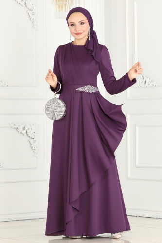 moda selvim Drape Taş Detaylı Elbise 2522SL432 Koyu Lila - Thumbnail