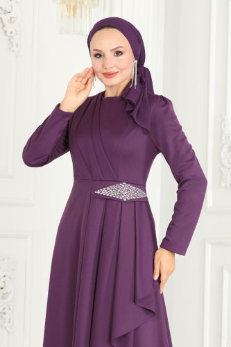 moda selvim Drape Taş Detaylı Elbise 2522SL432 Koyu Lila - Thumbnail