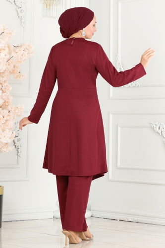 moda selvim Drape Taş Detaylı İkili Takım 265DVL817 Bordo - Thumbnail