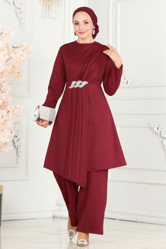 moda selvim Drape Taş Detaylı İkili Takım 265DVL817 Bordo - Thumbnail