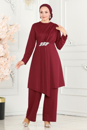 moda selvim Drape Taş Detaylı İkili Takım 265DVL817 Bordo - Thumbnail