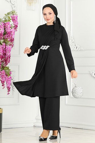moda selvim Drape Taş Detaylı İkili Takım 265DVL817 Siyah - Thumbnail
