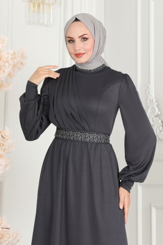 moda selvim Drape Taş Detaylı Tesettür Takım 279DVL817 Antrasit - Thumbnail