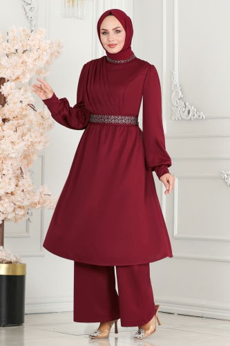 moda selvim Drape Taş Detaylı Tesettür Takım 279DVL817 Bordo - Thumbnail