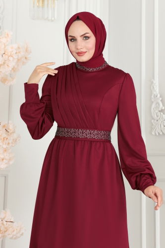 moda selvim Drape Taş Detaylı Tesettür Takım 279DVL817 Bordo - Thumbnail