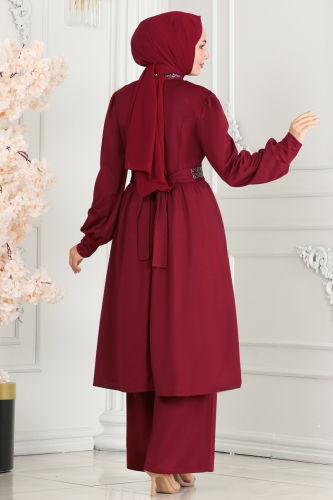 moda selvim Drape Taş Detaylı Tesettür Takım 279DVL817 Bordo - Thumbnail