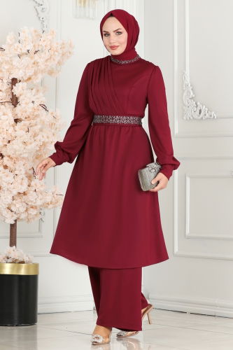 moda selvim Drape Taş Detaylı Tesettür Takım 279DVL817 Bordo - Thumbnail