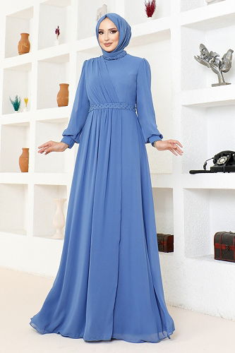 moda selvim Draped Chiffon Evening Dress MDY4858-M Indigo - Thumbnail