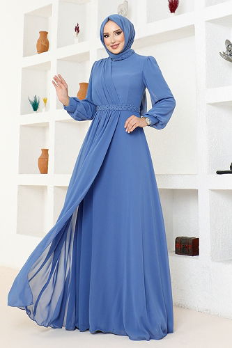 moda selvim Draped Chiffon Evening Dress MDY4858-M Indigo - Thumbnail