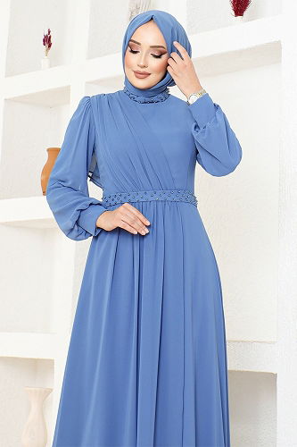 moda selvim Draped Chiffon Evening Dress MDY4858-M Indigo - Thumbnail