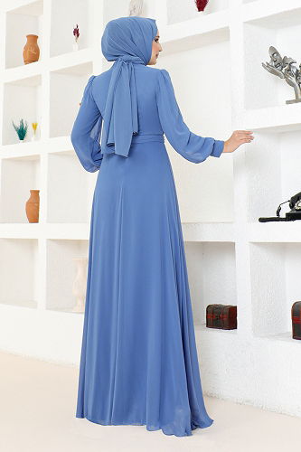 moda selvim Draped Chiffon Evening Dress MDY4858-M Indigo - Thumbnail