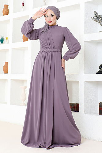 moda selvim Draped Chiffon Evening Dress MDY4858-M Lilac - Thumbnail