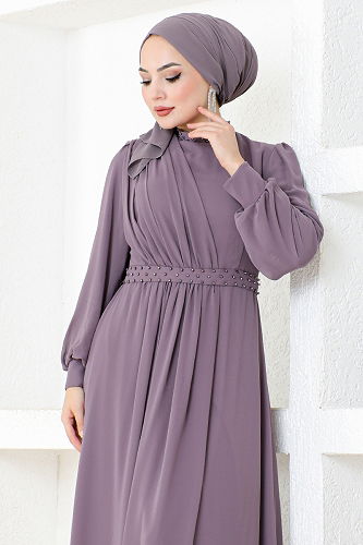 moda selvim Draped Chiffon Evening Dress MDY4858-M Lilac - Thumbnail