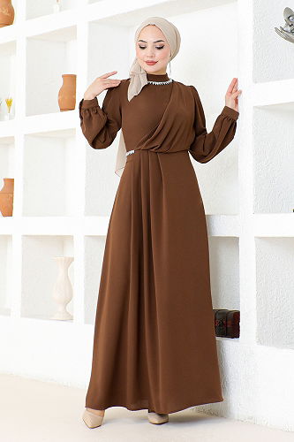 moda selvim Draped Crepe Dress EMO6147-M Coffee - Thumbnail