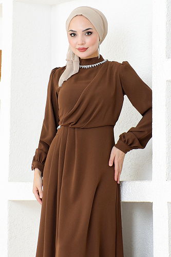 moda selvim Draped Crepe Dress EMO6147-M Coffee - Thumbnail