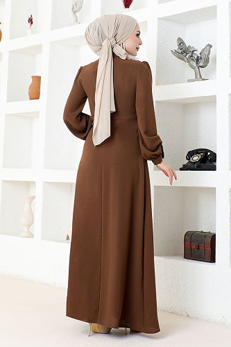 moda selvim Draped Crepe Dress EMO6147-M Coffee - Thumbnail