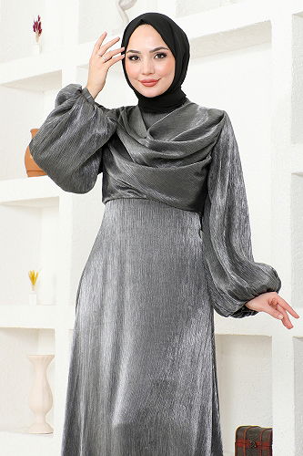 moda selvim Draped Dress END5586-M Anthracite - Thumbnail