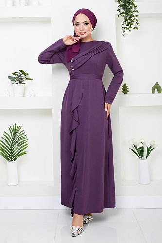 moda selvim Draped Hijab Evening Dress 12241PL940-M Dark Lilac - Thumbnail