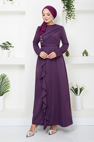 moda selvim Draped Hijab Evening Dress 12241PL940-M Dark Lilac - Thumbnail