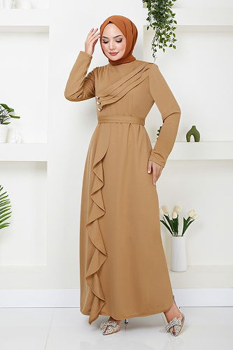 moda selvim Draped Hijab Evening Dress 12241PL940-M Latte - Thumbnail