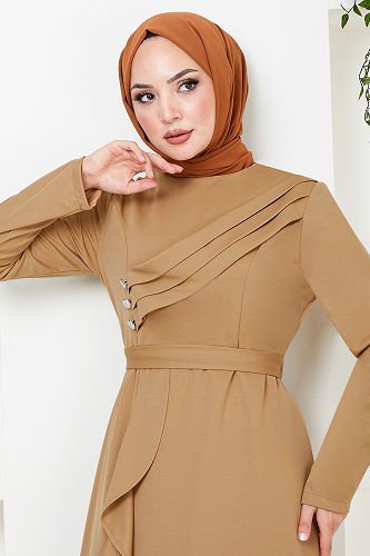 moda selvim Draped Hijab Evening Dress 12241PL940-M Latte - Thumbnail
